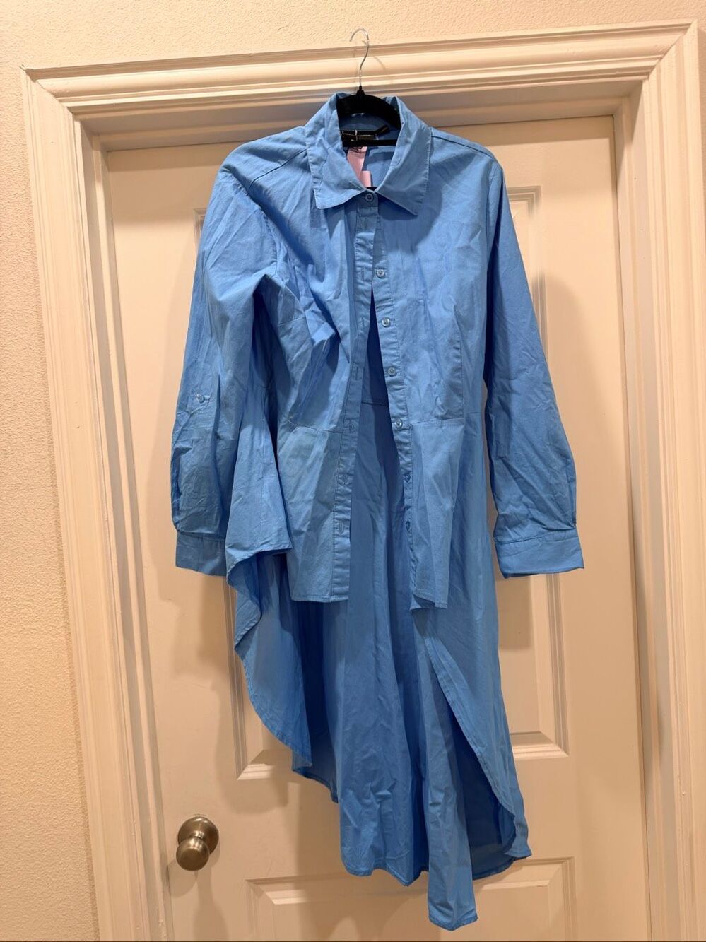 New York And Company Blue Long Sleeve Button Down Shirt Dress High Low Size M